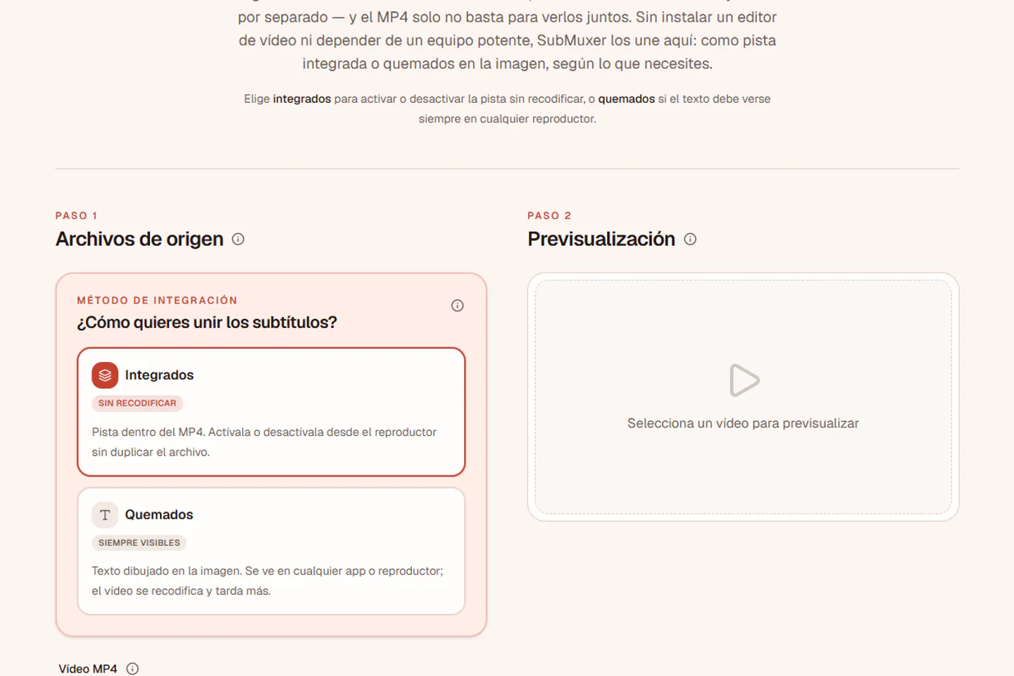 Pantalla real de SubMuxer con los modos integrados y quemados junto a la previsualización.