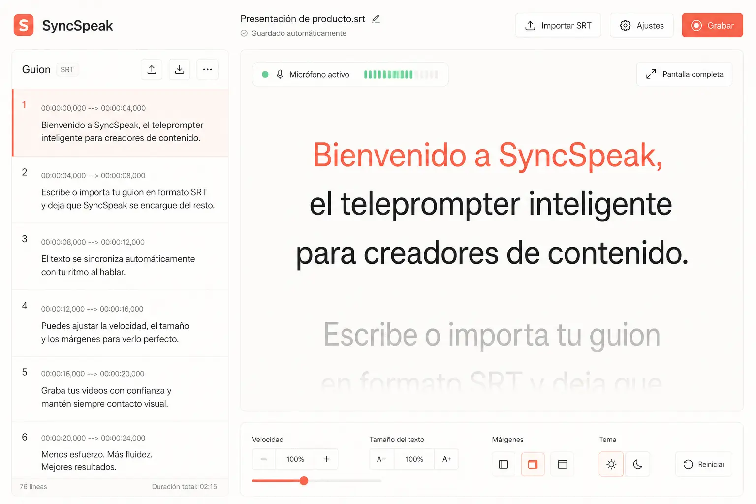 Pantalla de SyncSpeak con el guion SRT, el teleprompter y el control de grabación.
